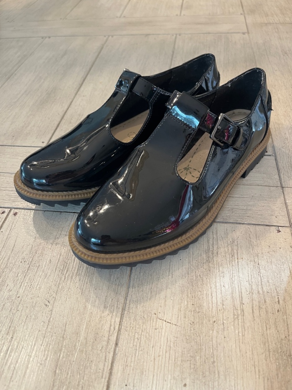 Clarks Black Patent T-Strap Loafers